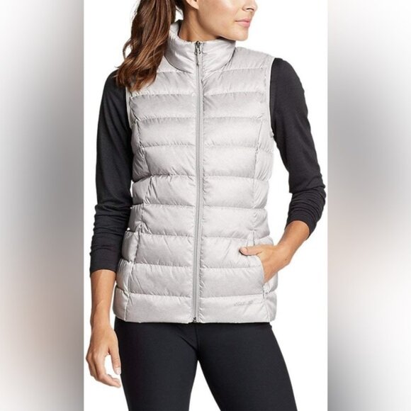 Eddie Bauer 650 fill Woman’s Light Grey Cirruslite Down Feather full zip Vest L - Picture 1 of 7